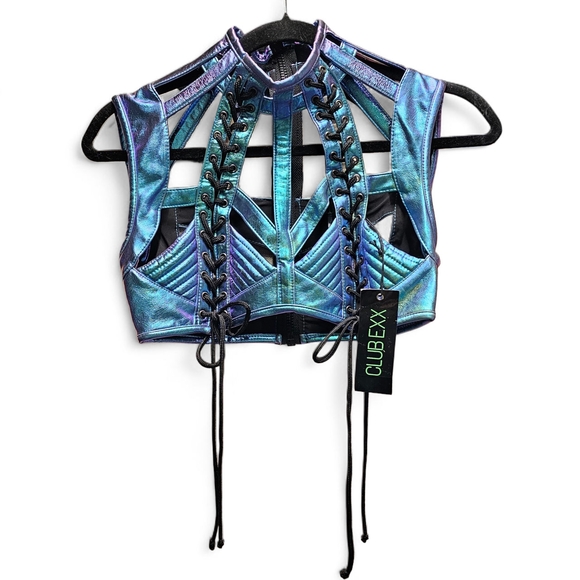 Club Exx Tops - NEW Club Exx Rude Awakening Iridescent Caged Bra Crop Top Size XS